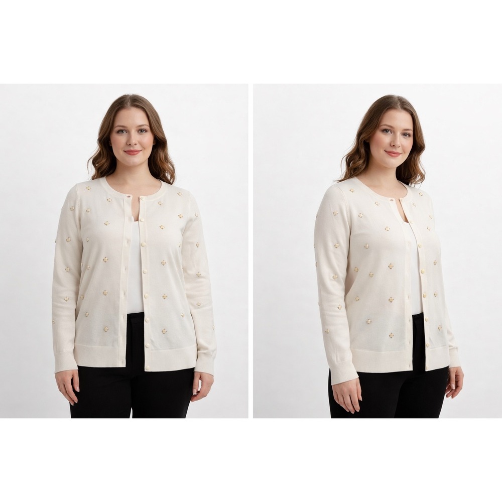 Ann Taylor Cream‎ Embellished Cardigan Sweater XL Ivory Studded Button Front New